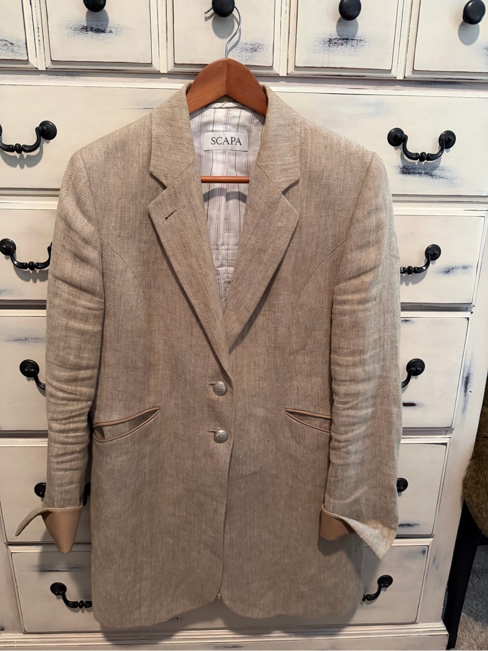 Scapa Bridget 100% Linen Long Blazer Leather Trimmed Metal Button 44